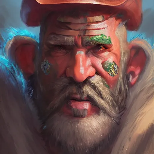 Image similar to portrait old barbarian warrior with face tattoo and trucker mustache, 8 k, trending on art station, by tooth wu and greg rutkowski