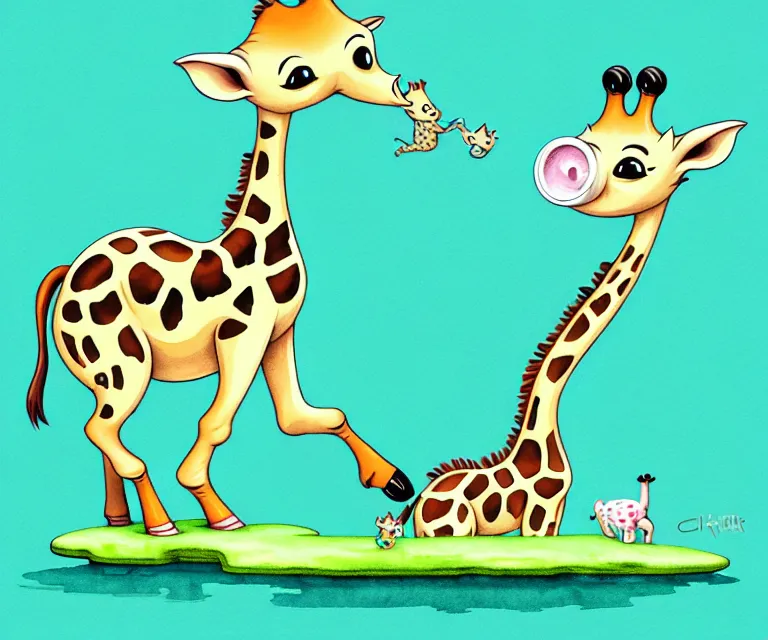 Prompt: cute and funny, baby giraffe drinking from a pond, ratfink style by ed roth, centered award winning watercolor pen illustration, isometric illustration by chihiro iwasaki, edited by range murata, tiny details by artgerm and watercolor girl, symmetrically isometrically centered