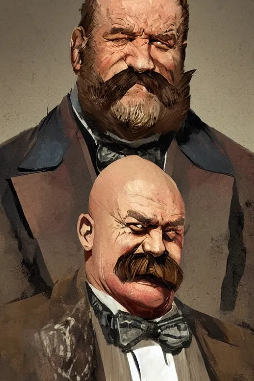 Prompt: vernon. Smug old west circus strongman. concept art by James Gurney.