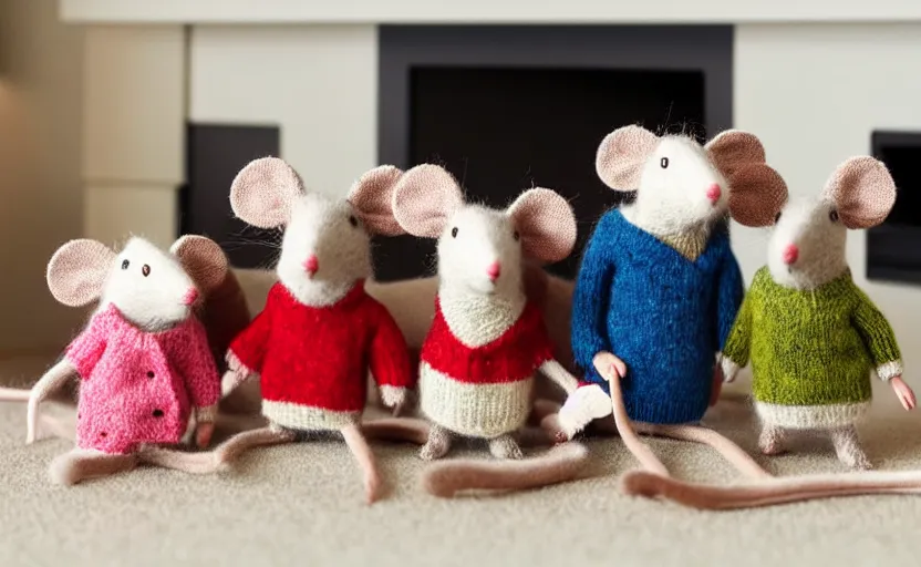 Image similar to a mouse family sitting in front of a fireplace wearing woolen sweater