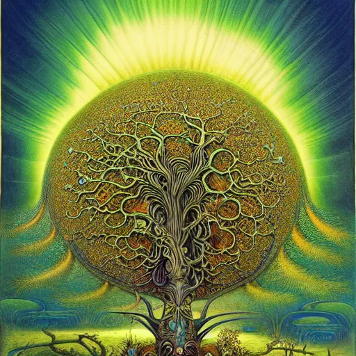 Image similar to sacred mulberry tree by roger dean and andrew ferez, art forms of nature by ernst haeckel, divine chaos engine, symbolist, visionary, art nouveau, botanical fractal structures, tree of life, lightning bolts, heimat, detailed, realistic, surreality
