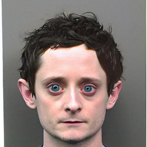 Prompt: Elijah Wood as Frodo Baggins, mugshot photograph