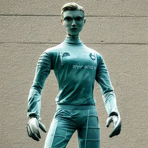 Image similar to a realistic detailed photo of a guy who is an attractive humanoid who is half robot and half humanoid, who is a male android, soccer player martin ødegaard, shiny skin, posing like a statue, blank stare, by the pool, on display, showing off his muscles, humanoid robot, frozen ice statue