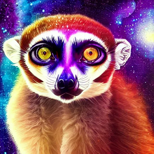 Image similar to geometric symmetrical lemur with galaxy eyes in space, nebula in the background, intricate, elegant, highly detailed, digital painting, artstation, concept art, smooth, sharp focus, illustration, art by artgerm