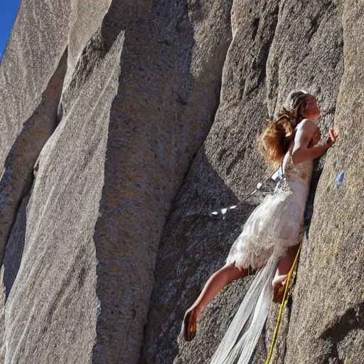 Image similar to Ultra realistic close-up of Frida Kahlos face wearing a wedding dress rock climbing a steep wall, hd