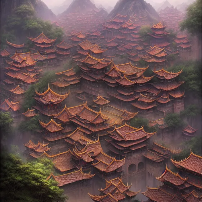 Prompt: matte painting by marc simonetti, jonathan solter, greg rutkowski of a chinese dynasty village, masterpiece, cinematic, hyperdetailed, photorealistic, hyperrealism, architecture, aerial view,