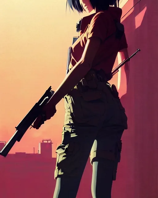 Image similar to girl holding a rifle | | very very anime!!!, fine - face, audrey plaza, realistic shaded perfect face, fine details. anime. realistic shaded lighting poster by ilya kuvshinov katsuhiro otomo ghost - in - the - shell, magali villeneuve, artgerm, jeremy lipkin and michael garmash and rob rey