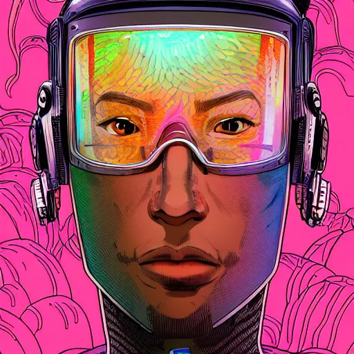 Prompt: hyper detailed comic illustration of a cyberpunk mixed race boy wearing a futuristic iridescent visor and a gorpcore jacket, markings on his face, mullet, by Josan Gonzalez and Geof Darrow, intricate details, vibrant, solid background