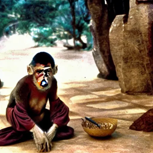 Prompt: Masaaki Sakai as Monkey (Monkey joins Tripitaka on a pilgrimage to India to fetch holy scriptures and save the world), Movie Still