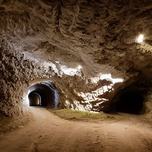 Prompt: a medieval pilgrimage on a dirt road in a gigantic cavern deep underground, dark