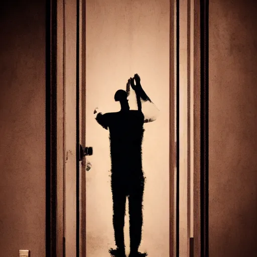 Image similar to poster for a short dramatic film called'liminal'about 4 young male roommates that discover a hidden tiny wooden door in their apartment. the poster follows the concept of liminality and the center element is the tiny wooden door. movie poster, advertisement, high detail, sharp, trending on artstation