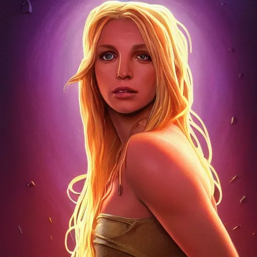 Prompt: Portrait of our Benevolent britney spears, fantasy, extremely detailed, digital painting, artstation, concept art, smooth, sharp focus, illustration, stunning lighting, art by Kincaid and greg rutkowski and alphonse mucha and simon stalenhag, realistic character concept, high fantasy, glowing light atmosphere, golden ratio, cinematic lighting, hyperdetailed, high resolution, insanely detailed and intricate, artstation, Marc Simonetti, Greg Rutkowski, 8k