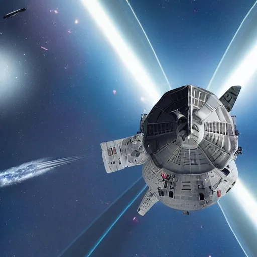 Prompt: giant space ship in orbit surrounded by small fighter spacecraft photo dramatic lighting