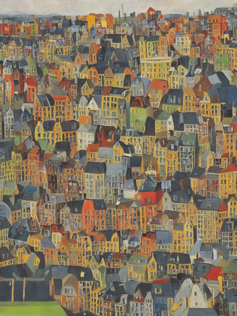 Image similar to a colorful painting of a cityview in the style of Raymond Heere, kleurrijke stadsgezichten