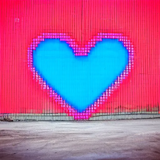 Image similar to pixel heart shaped portal to a neon colored world, on an industrial exterior