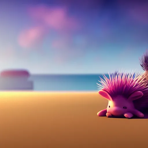 Prompt: axolotl and hedgehog chilling on a beach, concept render, sunset lighting, 4 k