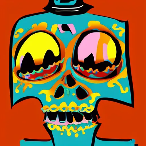 Prompt: manny calavera from grim fandango, game concept art, flat colours, bright colours, mexican, by peter chan, artstation,