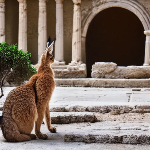 Image similar to a cinematic film still of a claymation stop motion film starring cute fluffy caracal near wooden barrel, ancient greek city, marble temple columns, olive trees, shallow depth of field, 8 0 mm, f 1. 8