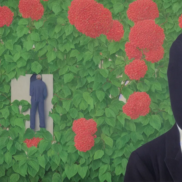 Image similar to portrait of a man, face hidden by beautiful flowers, by rene magritte, detailed painting, hd, hq, high resolution, high detail, 4 k, 8 k