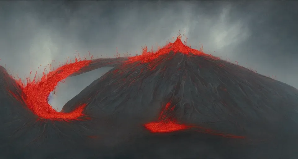 Image similar to a volcano made of ivory vines and crimson rocks enters in eruption, it spits a smoke in the shape of demonic eye, by john howe