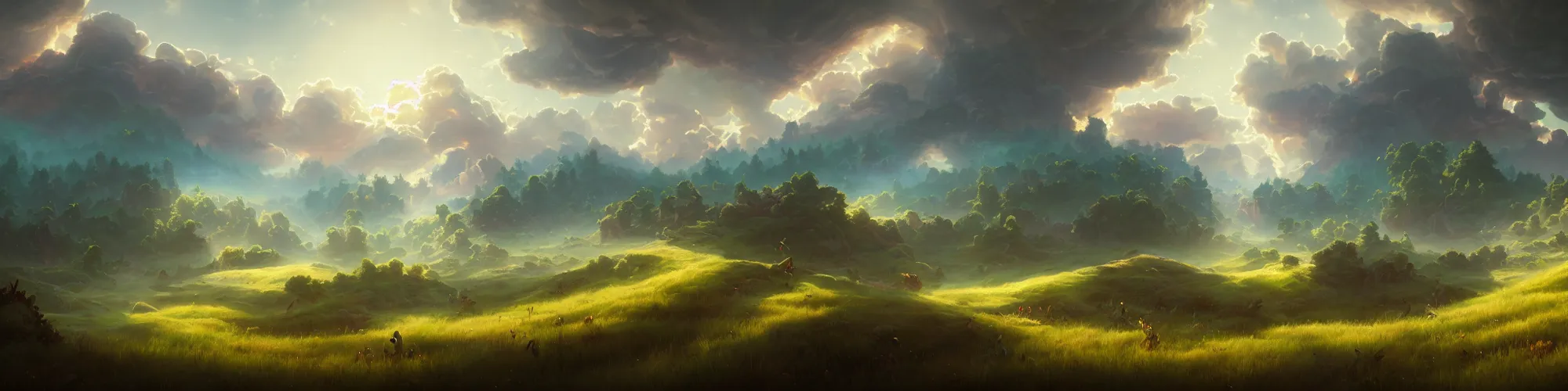 Prompt: A vast forest valley gives way to an open grass land under psychedelic puffy clouds by Peter Mohrbacher, Jordan Grimmer and Sylvain Sarrailh, 4k photorealistic conceptartworld oil on canvas