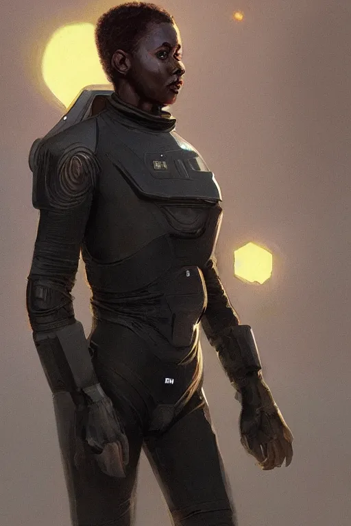 Image similar to upper body portrait of broad-shouldered black man wearing a scifi dune leather spacesuit, nebula in the background, illustration by normal rockwell and adebanji alade, details greg rutkowski, artstation character concept art