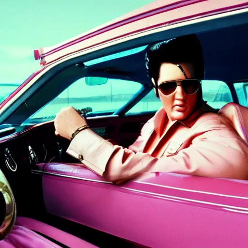 Image similar to elvis driving a vintage ford taurus pink interior shot. film still. 4 k hd image, trending on artstation, featured on behance, well rendered, extra crisp, features intricate detail, epic composition and the style of quintin tarantino.