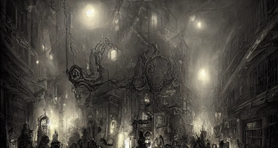Image similar to a beautifully horrific ultra - detailed lovecraftian painting of steampunk demons gathered in the night time alleyway, illuminated by volumetric lighting, in the style of francisco goya, trending on artstation