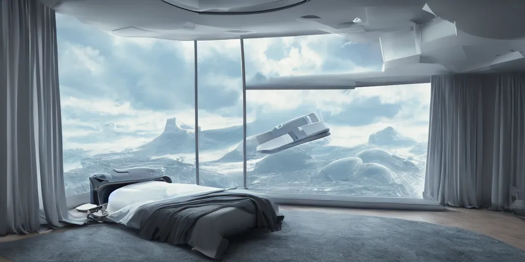 Image similar to a futuristic bed in the foreground of a futuristic minimalistic room with a huge window overlooking an alien planet, photorealistic, cinematic, octane render by oblivion movie thom tenery