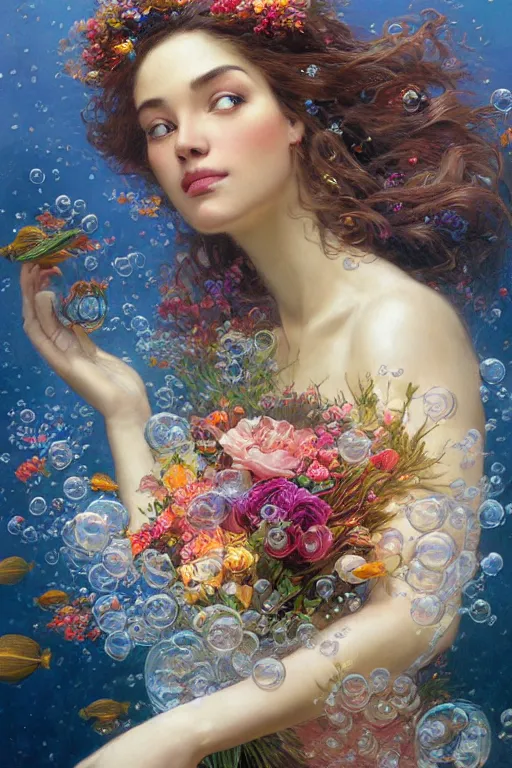 Image similar to portrait of a beautiful mysterious woman holding a bouquet of flowing flowers, hair flowing upwards, small bubbles from her mouth, hands hidden under the bouquet, submerged underwater filled with colorful small fish and coral reef, fantasy, regal, intricate, by stanley artgerm lau, greg rutkowski, thomas kindkade, alphonse mucha, loish, norman rockwell