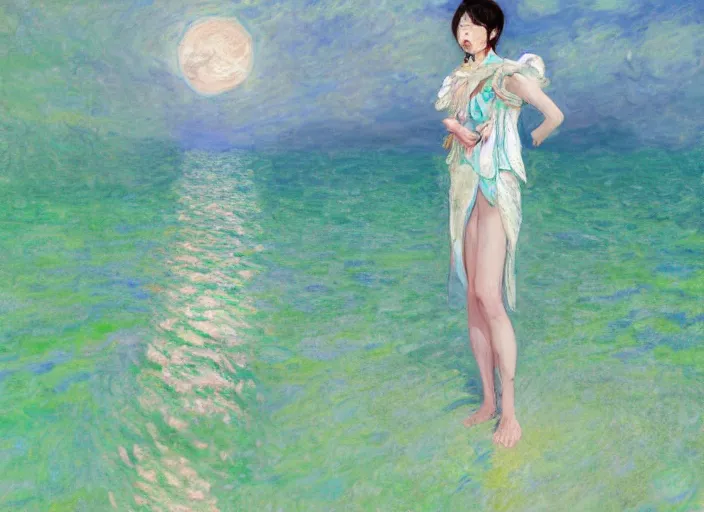 Image similar to lee jin - eun in luxurious dress emerging from turquoise water in egyptian pyramid city during an eclipse by claude monet, conrad roset, m. k. kaluta, martine johanna, rule of thirds, elegant look, beautiful, chic, face anatomy, cute complexion