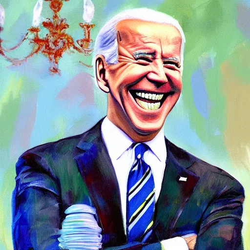 Image similar to a painting of joe biden laugh in tea party with taliban, ultra detailed content : face, gesture, body, mimic. random position content, frontal realistic, sharp focus, intricate, dynamic composition, rgb colors, remove duplicate contents.