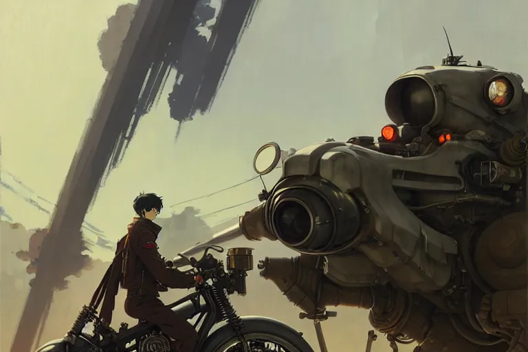 Prompt: dieselpunk, motorcycle, painted by greg rutkowski makoto shinkai takashi takeuchi studio ghibli, akihiko yoshida