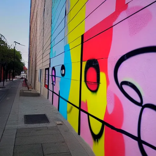 Image similar to wall with graffiti of man with one eye made with colored circles and lines