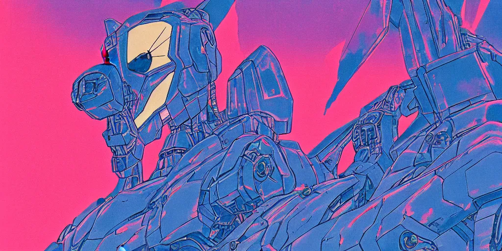 Image similar to risograph grainy painting of gigantic huge evangelion - like complicated agundam mech face with a lot of details and lasers covered ooze, by moebius and dirk dzimirsky and satisho kon, close - up wide portrait