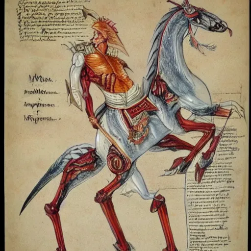 Prompt: on parchment vintage detailed colored sketch of full body dragoon anatomy, full description full page