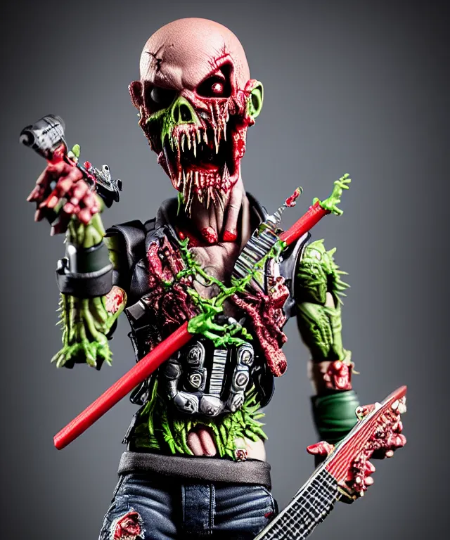 Image similar to hyperrealistic rendering, punk rock zombie is motu action figure, product photography