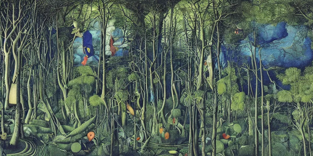 Prompt: a highly detailed color landscape painting of a dense forest by bosch, by giger, by beardsley, lush greenery and electricity coming down to treetop transformers from storm clouds in a vivid blue sky