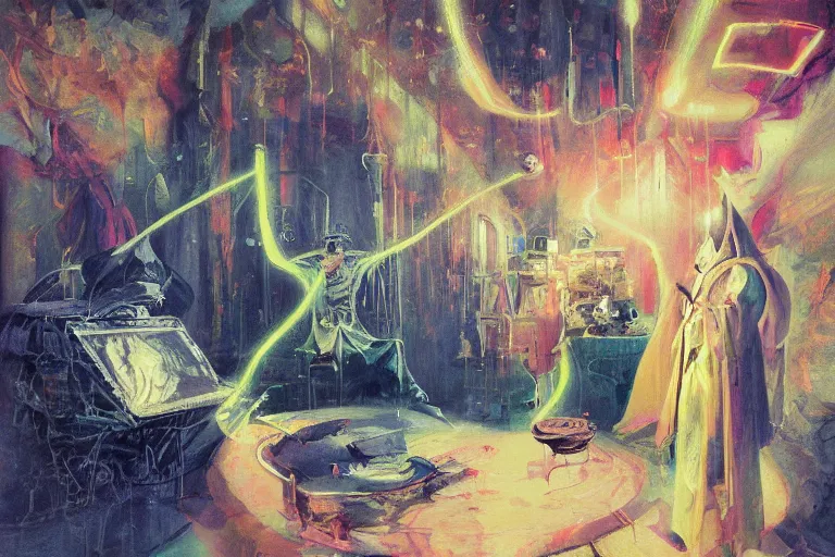 Image similar to A beautiful masterpiece painting of a technomancer wizard in robes with pointed hood discussing sentience with his synthesized Al djinn in his laboratory near a computer (by Remedios Varo and Anato Finnstark and Greg Rutkowski), (dayglo pink, dayglo blue, dazzle camouflage), 8k, trending on ArtStation