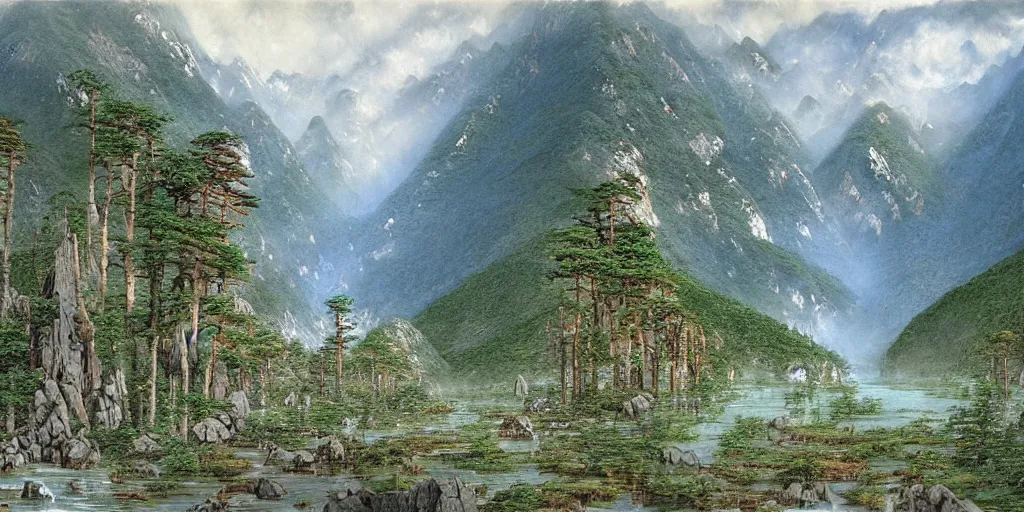 Image similar to art by john howe of the cinematic view of the jiuzhaigou valley forest