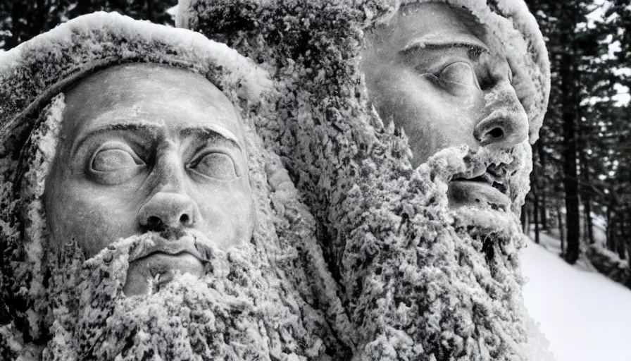 Image similar to 1 9 6 0 s movie still close up of marcus aurelius frozen to death in a dirty cape yelling in the snow, pine forests, cinestill 8 0 0 t 3 5 mm b & w, high quality, heavy grain, high detail, texture, dramatic light, anamorphic, hyperrealistic, detailed hair
