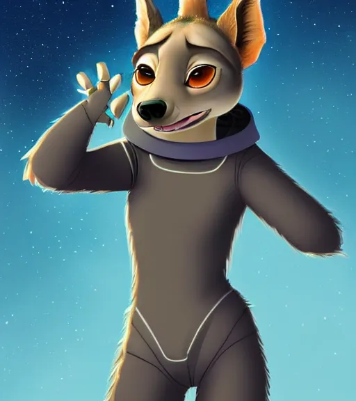 Prompt: digital detailed full body of anthromorphic female hyena, in style of zootopia, fursona, furry, furaffinity, 4 k, deviantart, wearing astronaut outfit, in style of zootopia, floating in space, space background, in deep space, dark background, hyena fursona, cyberpunk, female, detailed face,