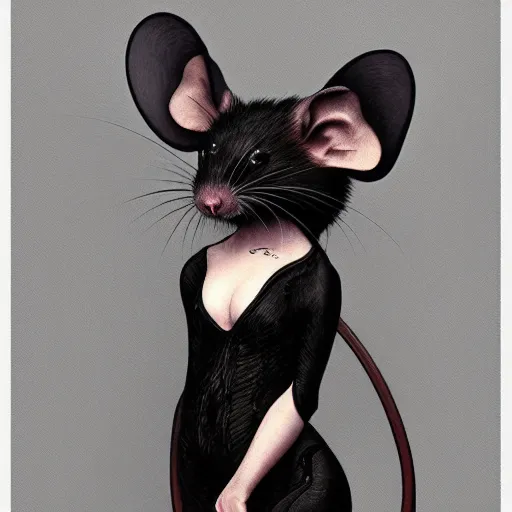 Image similar to a photograpic portrait of a anthropomorphic mouse wearing black clothes, black hair, grey skin, grey mouse ears, fantasy, intricate, elegant, highly detailed, digital painting, artstation, smooth, sharp focus, illustration, art by artgerm and H R Giger and alphonse mucha