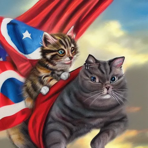 Prompt: a hyper real comic book style portrait painting in which a small cat holding a flag is riding a large fluffy cat on noble quests and into battle where backgrounds are wild and interesting with fascinating skies and epic terrain