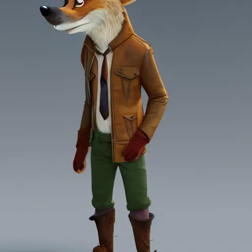 Prompt: portrait, 3 d render, anthropomorphic coyote male, wearing along brown leather maxi coat, in the style of zootopia, highly detailed attributes and atmosphere, dim volumetric cinematic lighting
