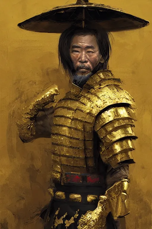 Prompt: portrait of an elderly samurai wearing golden armor, by Craig Mullins