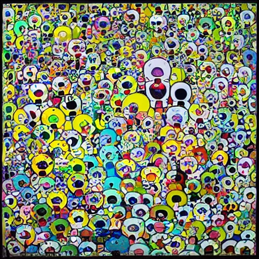 Prompt: things hidden inside my head by takashi murakami and keith haring, empty green canvas, superflat, pop culture, colorful, hyper detailed