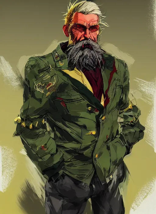 Image similar to Full body portrait of an old muscular man with blonde hair and beard red, green and gold jacket. In style of Yoji Shinkawa and Hyung-tae Kim, trending on ArtStation, dark fantasy, great composition, concept art, highly detailed.