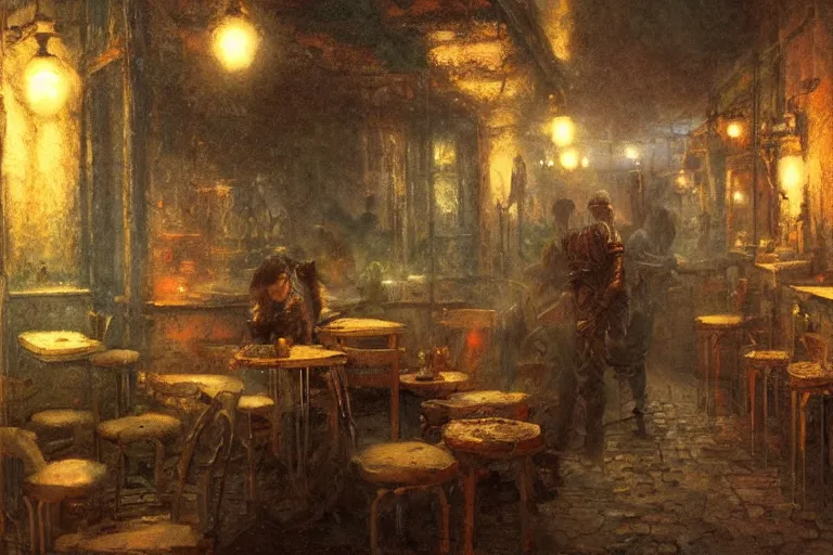 Image similar to Inside small cafe at night , moody scene, highly detailed, intricate, sharp details, dystopian mood, 1950 scene by gaston bussiere, craig mullins, somber lighting, drawn by Giacomo Burattini, inspired by graphic novel cover art, hyperrealistic, 8k by RHADS