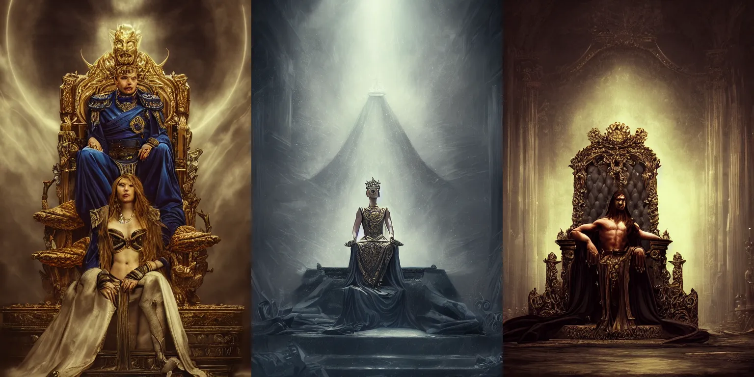 Prompt: Half-length portrait of the azur emperor sitting on its throne. Dramatic and atmospheric lighting. Dark fantasy, digital art, HD, 4k, detailed.